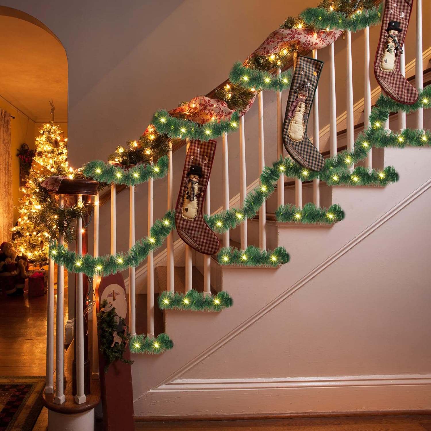 Kingdder 16.4 ft Christmas Tinsel Garland Lighted Metallic Twist Tree Decoration Prelit Battery Operated 50 LED Hanging Garland for Xmas New Year Home Outdoor Decor(Warm White, Green)